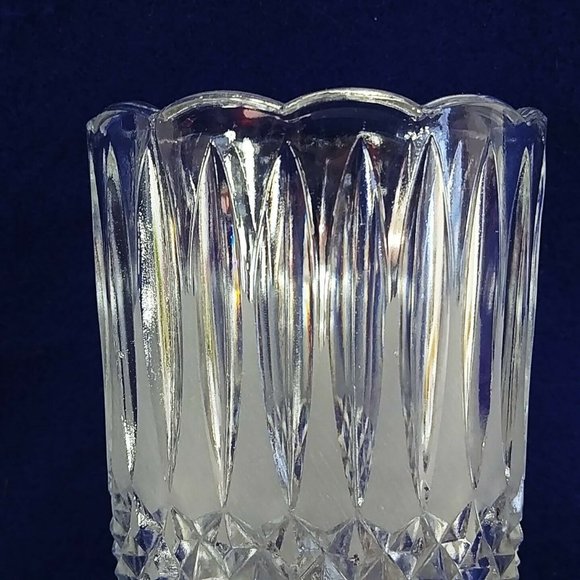 Vase Pressed Glass Diamond Cut Frosted Ridge Pattern Scalloped Rim 8.25" Tall - Picture 2 of 10
